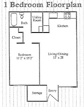 Floor plan for 1 bed, 1 bath, 774 sqft